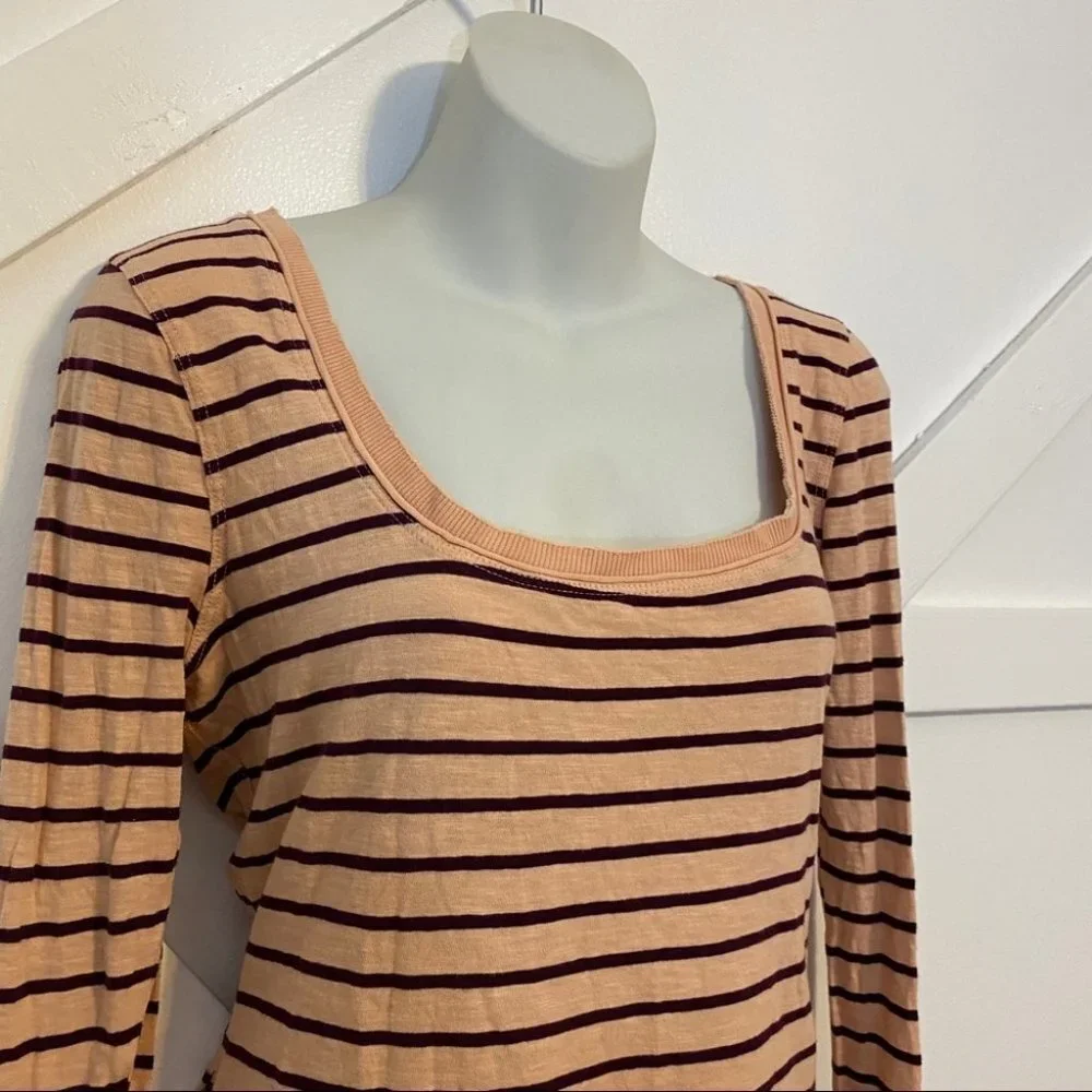 Free People Striped Embroidered Tee Pink Sz M